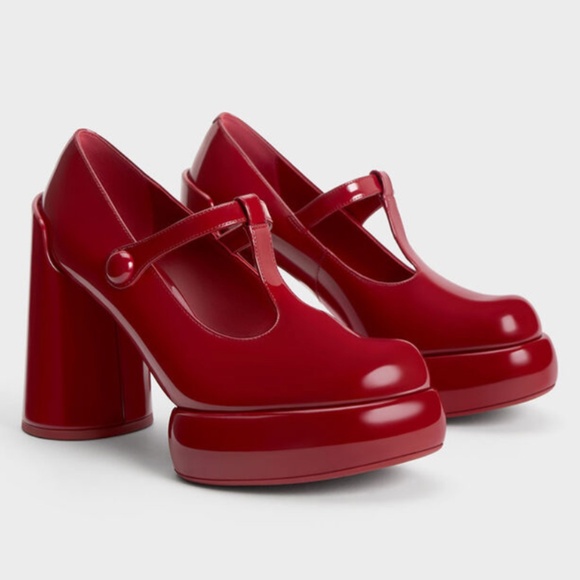 Charles & Keith Darcy Patent T-Bar Platform Mary Janes - Red - Picture 1 of 1